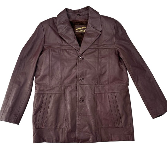 1970s Raffaelo Golden Collection Oxblood Leather Car Coat 46L Plaid Lined Jacket